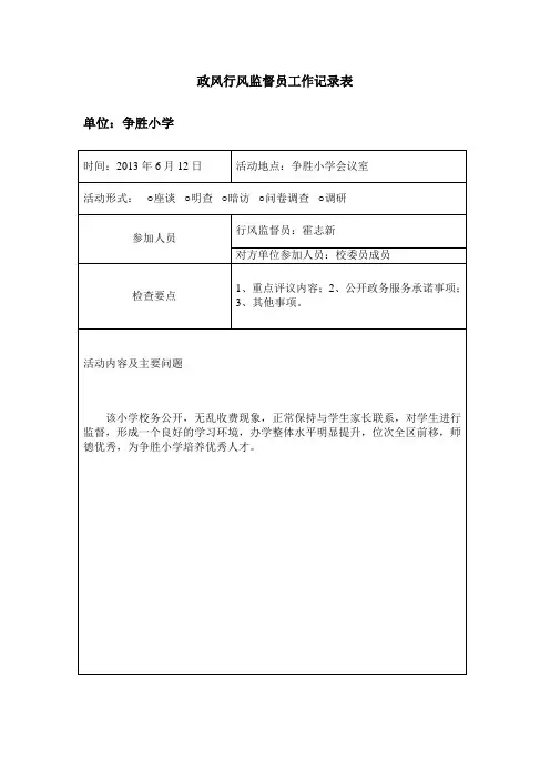 政风行风监督员工作记录表