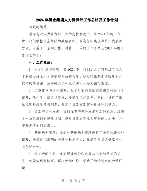 2024年国企集团人力资源部工作总结及工作计划