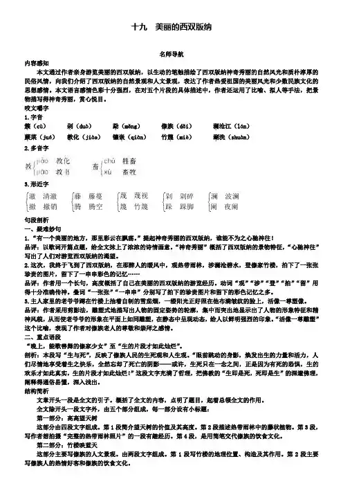 八年级上册语文苏教版导学案：十九美丽的西双版纳