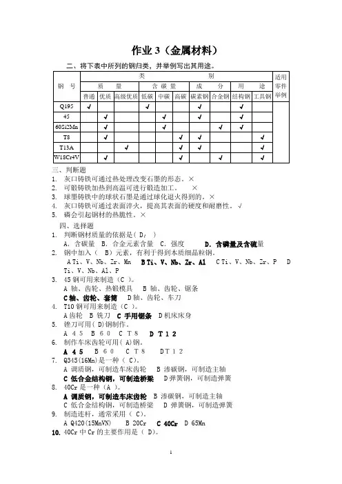 作业3金属材料参考答案