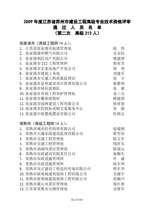 2009年度江苏省苏州市建设工程高级专业技术资格评审