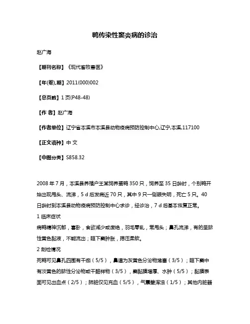 鸭传染性窦炎病的诊治