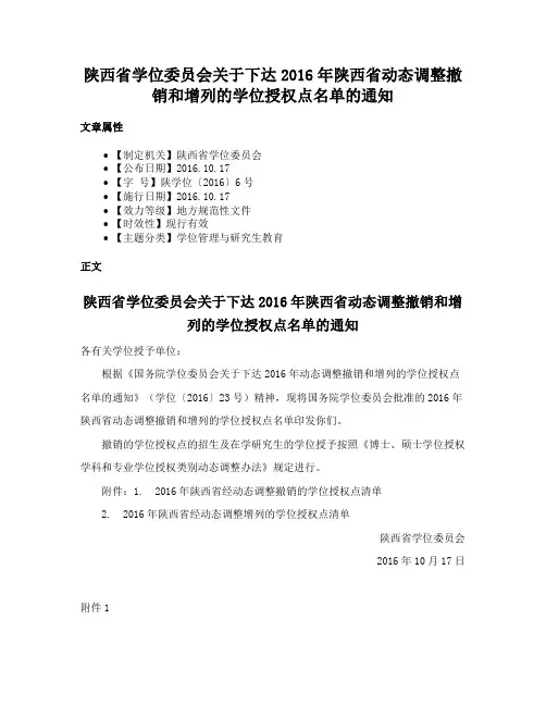 陕西省学位委员会关于下达2016年陕西省动态调整撤销和增列的学位授权点名单的通知