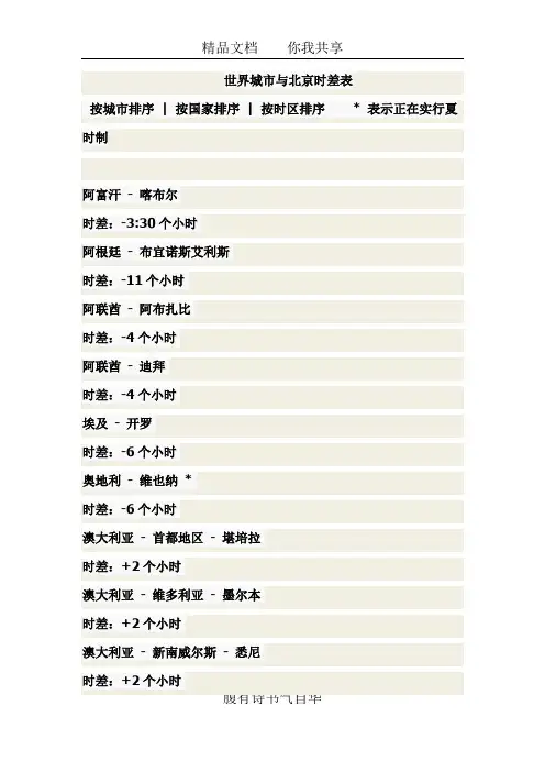 世界各地时差对照