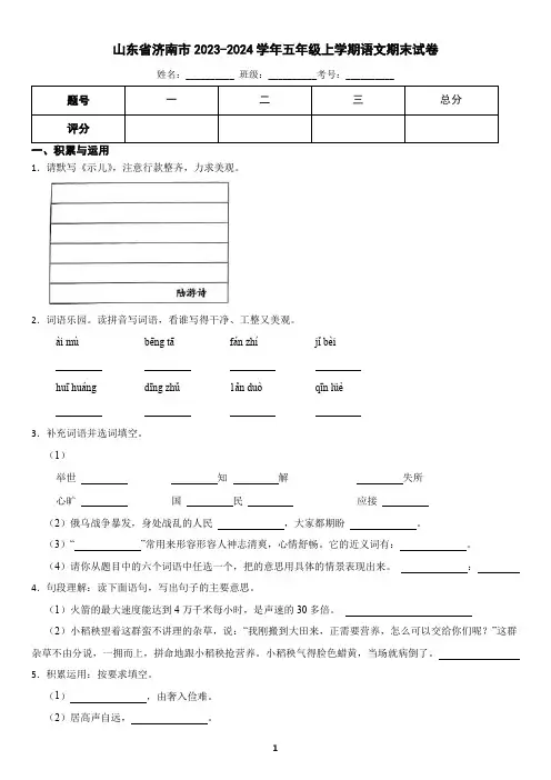 山东省济南市2023-2024学年五年级上学期语文期末考试试卷(含答案)