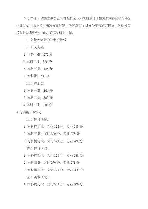 2012河北省高考录取线(分数线)