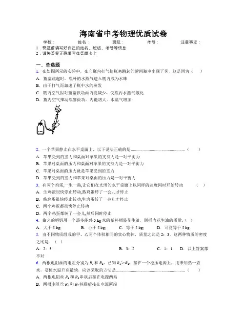 海南省中考物理优质试卷附解析