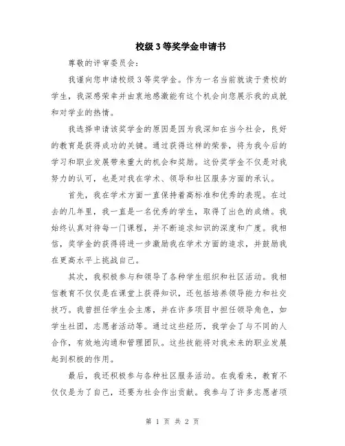 校级3等奖学金申请书