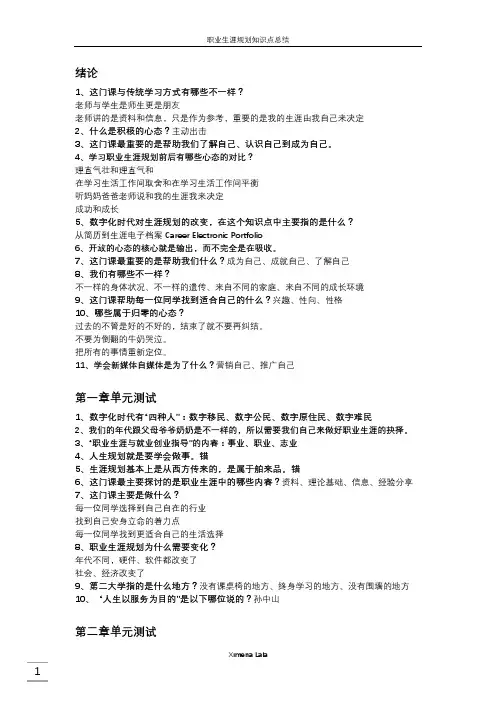 知到职业生涯规划知识点总结章节测试答案