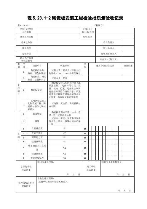 表5.23.1-2陶瓷板安装工程检验批质量验收记录