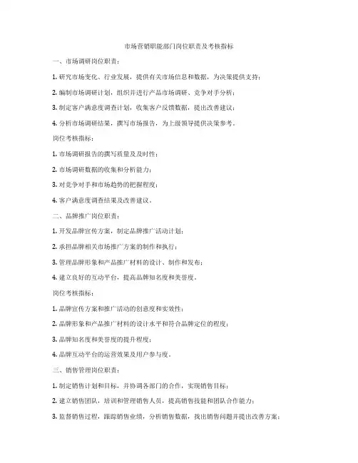 市场营销职能部门岗位职责及考核指标