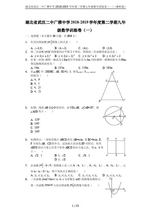 湖北省武汉二中广雅中学2018-2019学年第二学期九年级数学训练卷(一)(解析版)