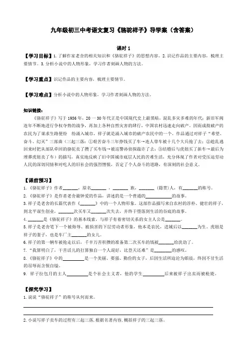 九年级初三中考语文复习《骆驼祥子》导学案(含答案)