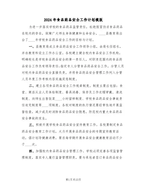 2024年食品药品安全工作计划模版（5篇）