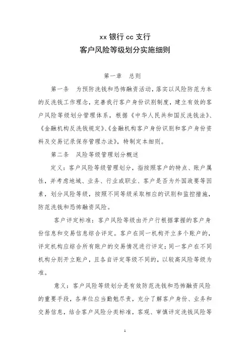 银行客户风险等级划分实施细则模版