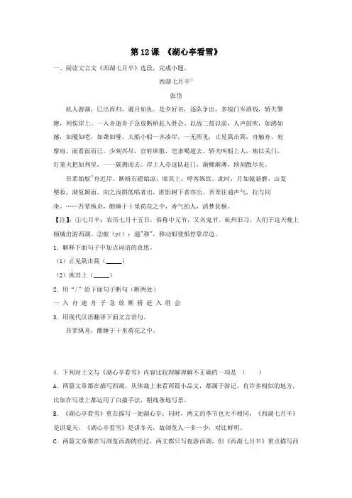 《湖心亭看雪》(解析版)-九年级语文课内外拓展延伸阅读(部编版)