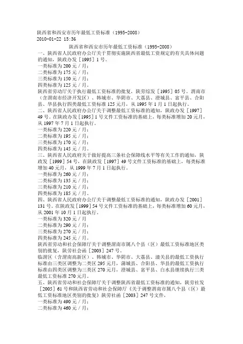 陕西省和西安市历年最低工资标准2005-2008