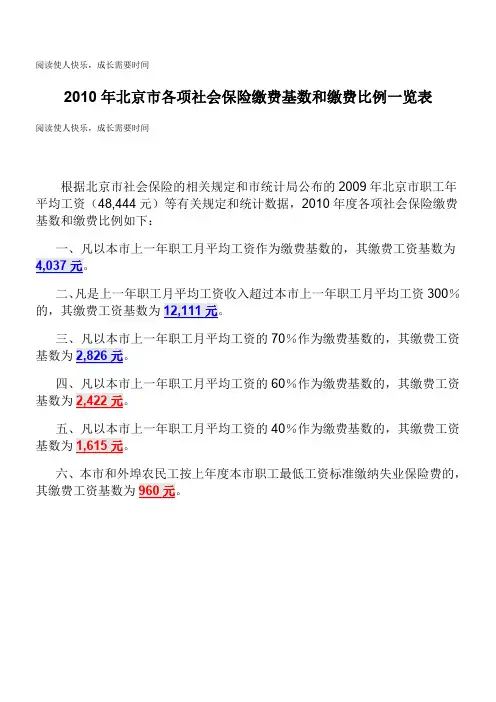 2010年度北京市社会保险缴费基数及缴费比例一览表