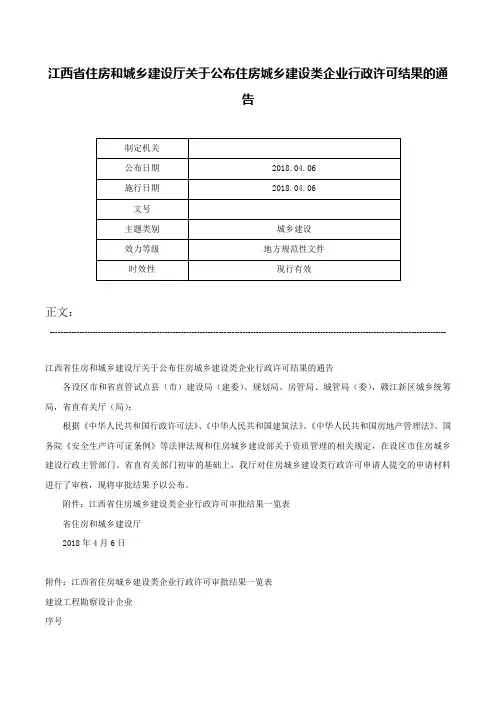 江西省住房和城乡建设厅关于公布住房城乡建设类企业行政许可结果的通告-