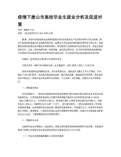 疫情下唐山市高校毕业生就业分析及促进对策