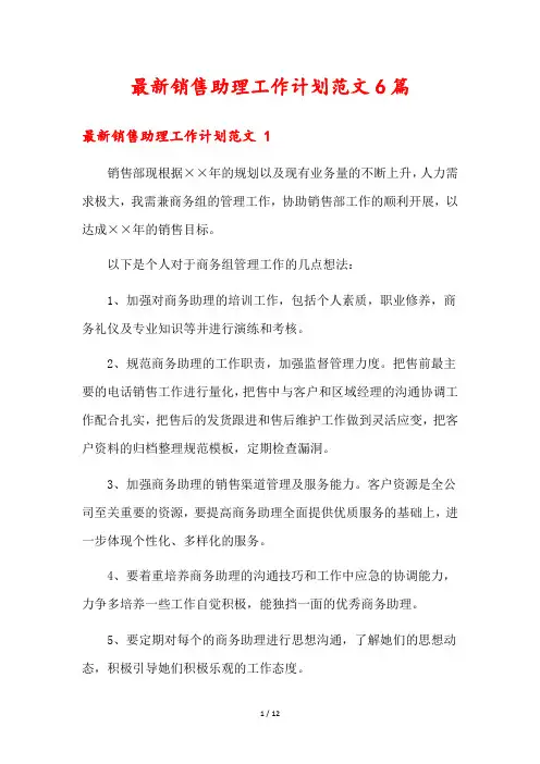 最新销售助理工作计划范文6篇