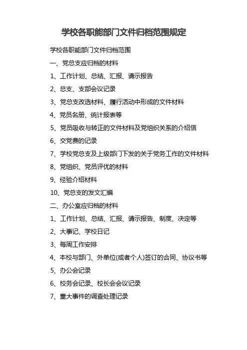 学校各职能部门文件归档范围规定