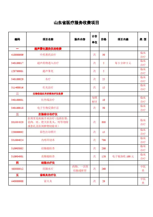 山东省医疗服务收费项目