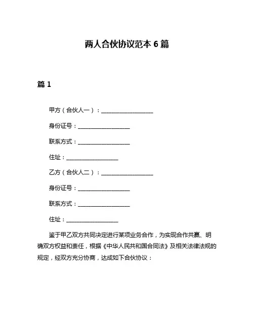 两人合伙协议范本6篇