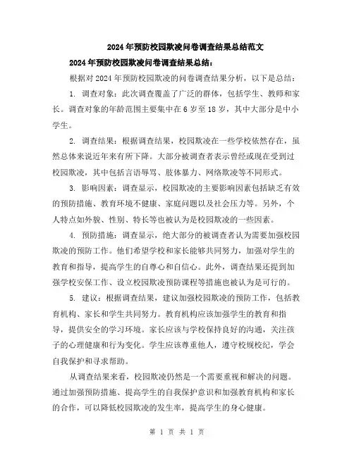 2024年预防校园欺凌问卷调查结果总结范文