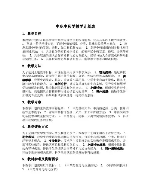 中职中药学教学计划表