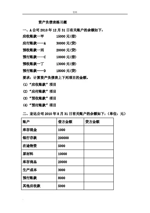 资产负债表练习题