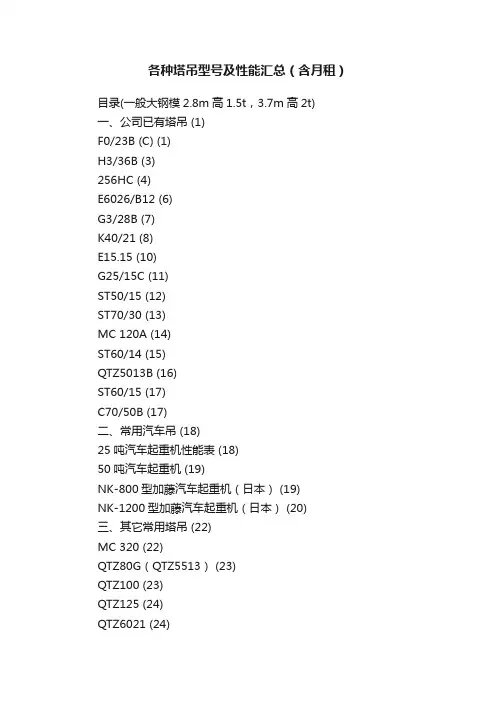 各种塔吊型号及性能汇总（含月租）