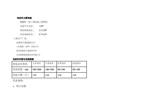 电动汽车电池参数汇总说明