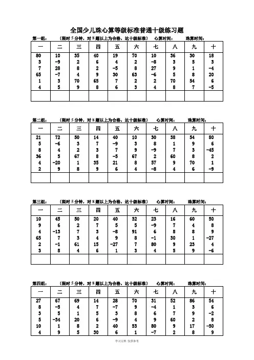 全国少儿珠心算等级标准普通十级练习题