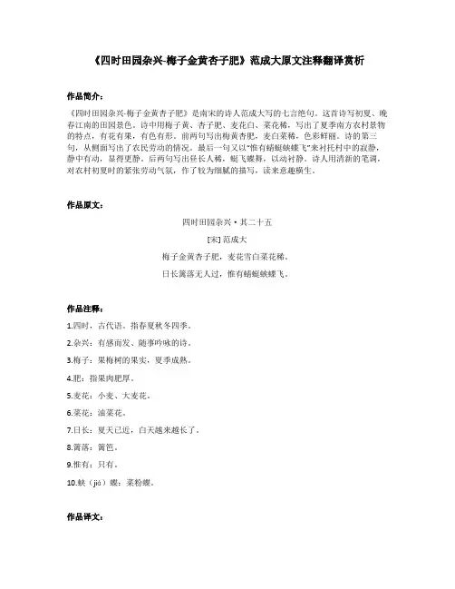 《四时田园杂兴-梅子金黄杏子肥》范成大原文注释翻译赏析