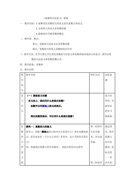 高中数学_复数的几何意义教学设计学情分析教材分析课后反思