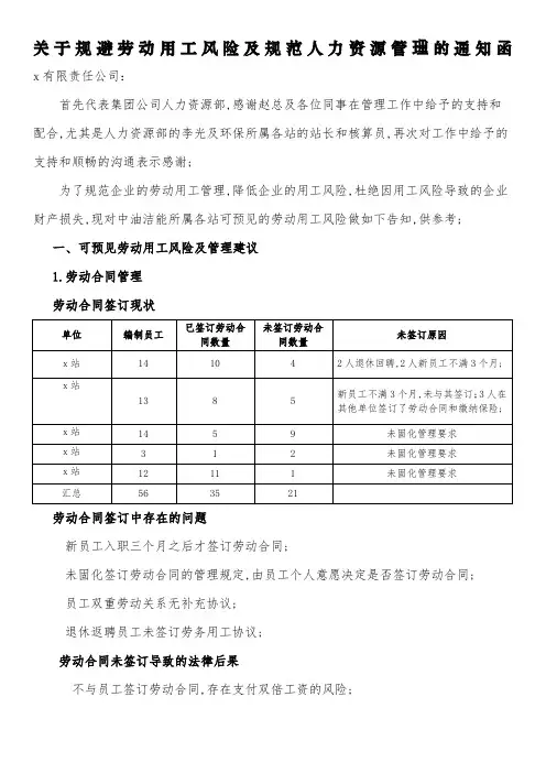 关于规避劳动用工风险及规范人力资源管理的通知函