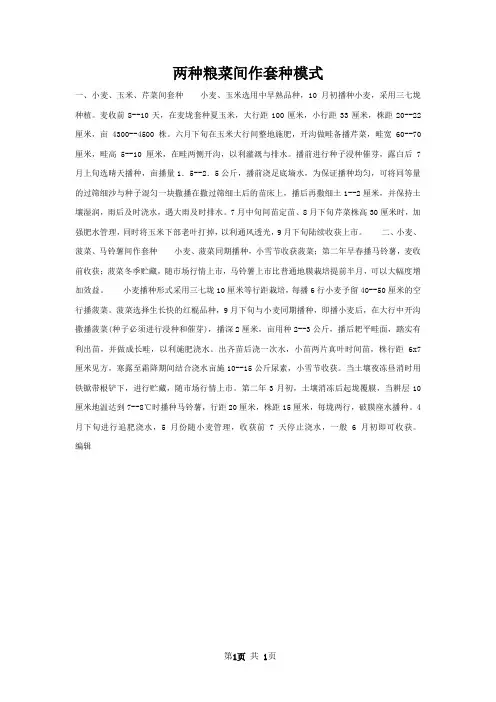 两种粮菜间作套种模式