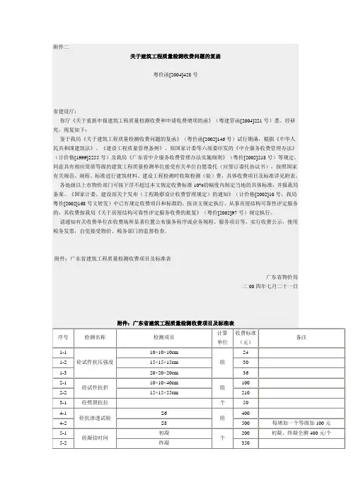 关于建筑工程质量检测收费问题的复函