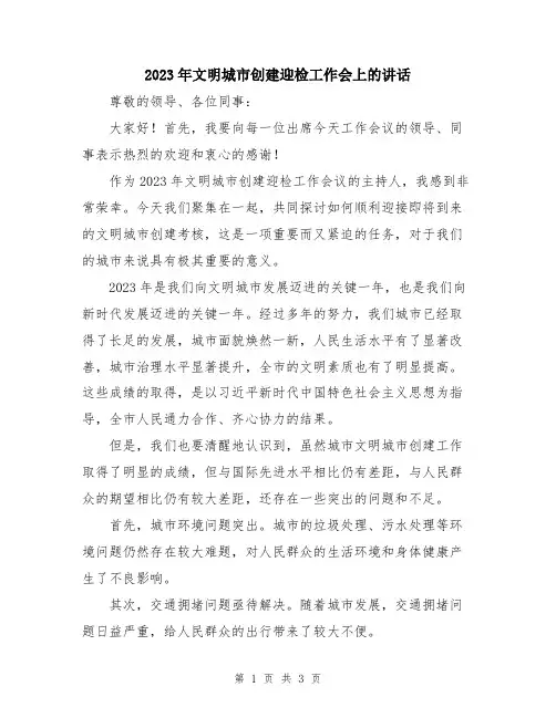 2023年文明城市创建迎检工作会上的讲话