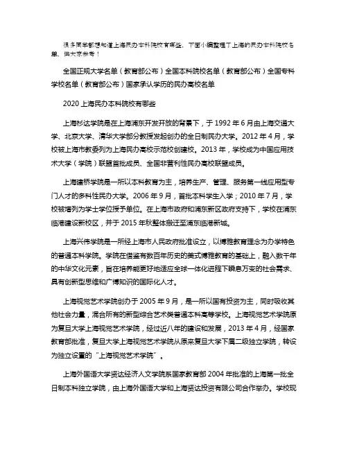 2021上海民办本科院校有哪些