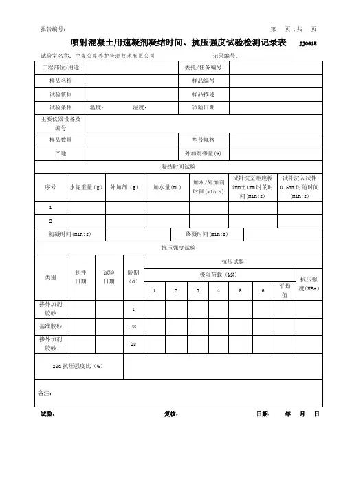 公路工程项目-新-速凝剂凝结时间、抗压强度试验检测记录表模版(JJ0615)(模板)