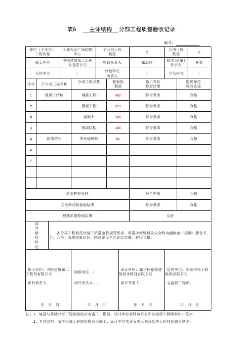 主体结构分部工程质量验收记录