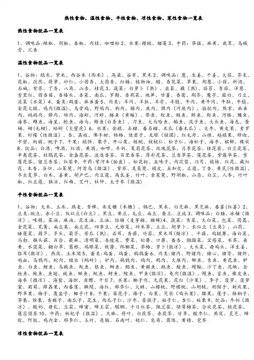 热性食物、温性食物、平性食物、凉性食物、寒性食物一览表