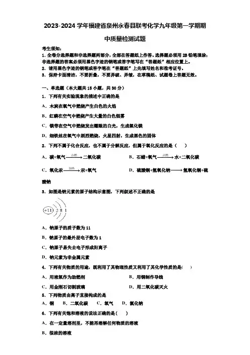 2023-2024学年福建省泉州永春县联考化学九年级第一学期期中质量检测试题含解析