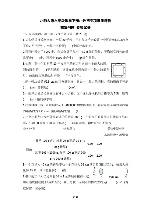 北师大版六年级数学下册小升初《解决问题》专项精品试卷附答案
