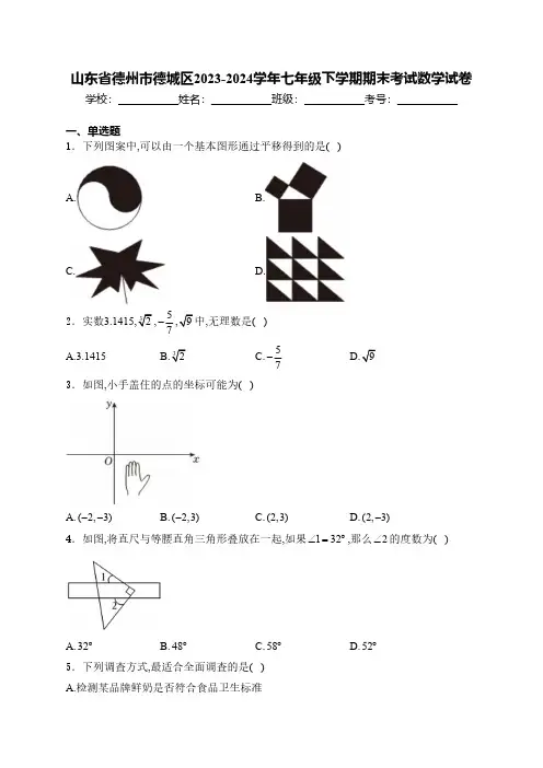 山东省德州市德城区2023-2024学年七年级下学期期末考试数学试卷(含详解)