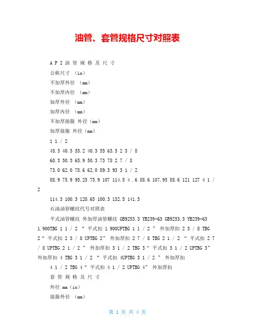 油管、套管规格尺寸对照表