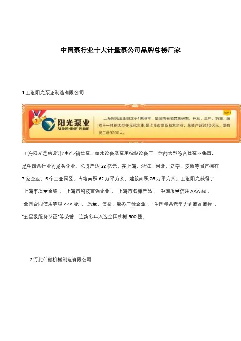中国泵行业十大计量泵公司品牌总榜厂家