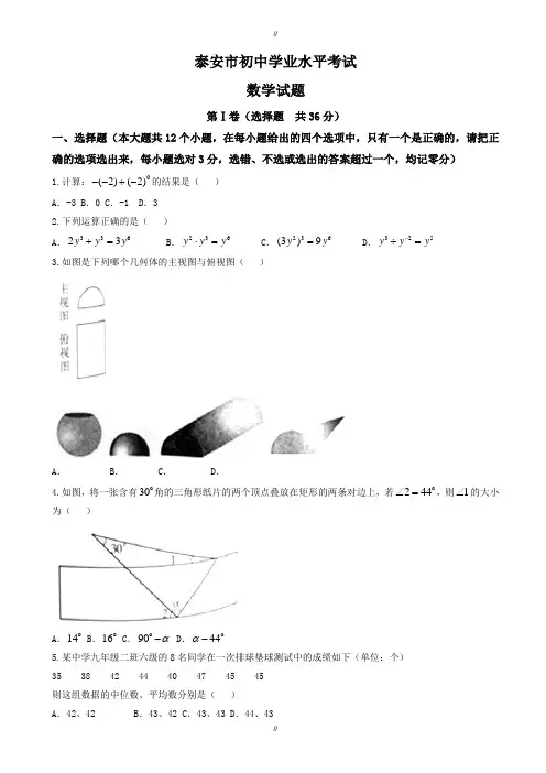 2020届山东省泰安市中考数学模拟试卷有答案(Word版)(已审阅)